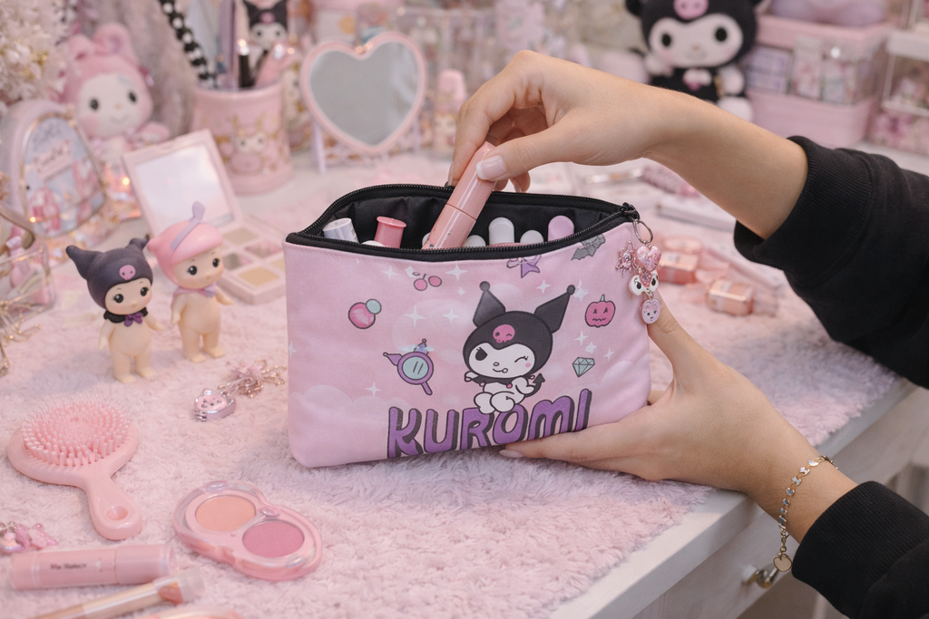 Kuromi Pink/Magic-Themed Pattern/Multifunctional Travel Makeup Bag/Durable Zippe