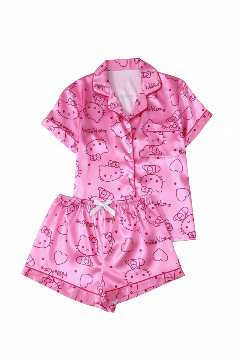 Two-Piece Satin Spring/Summer Women's Sanrio Hello Kitty Print Collared Short Sleeve Button