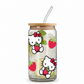16Oz Glass Straw Cup Featuring a Cartoon-Style Hello Kitty Strawberry Design