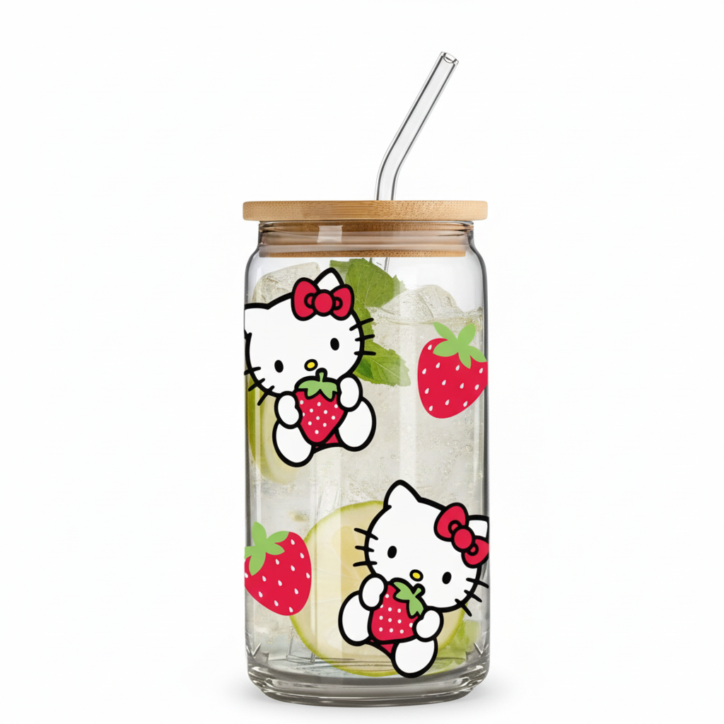16Oz Glass Straw Cup Featuring a Cartoon-Style Hello Kitty Strawberry Design